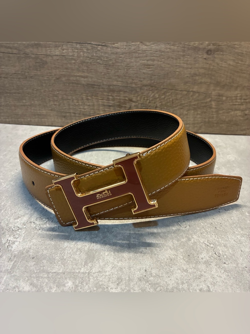 Men's Reversible Leather Belt in Cognac Tan Gold Brown Metal H Buckle
